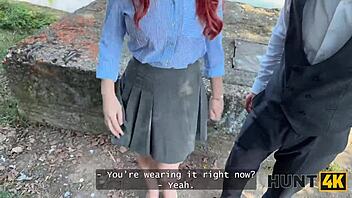 redhead whore flashes natural tits cheating publicly on street pickup