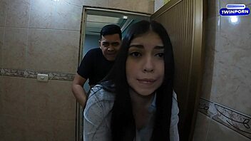 Curvy brunette gets pounded hard in steamy bathroom