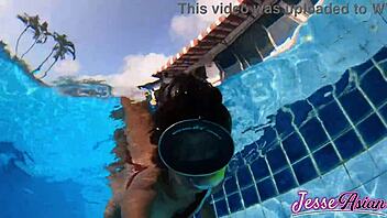 skinny asian petite swims with huge buttplug masturbating poolside outdoors