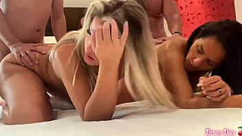 Post-dinner lovers devour blonde and brunette in wild motel foursome feast!