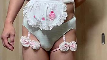 Cute Japanese maid plugs ass in public toilet