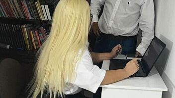 blonde secretary in miniskirt bends over for boss doggystyle pounding