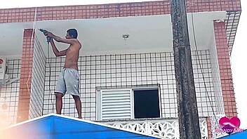 black stud rips clothes and pumps huge anal creampie on balcony before squirting fart
