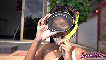 skinny asian petite swims with huge buttplug masturbating poolside outdoors