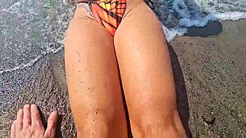 Horny beach milf couple chats tits ass with voyeurs