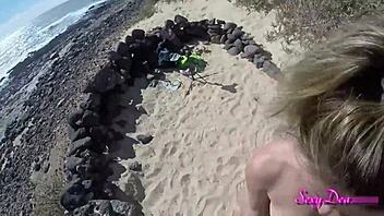 Beach doggystyle pounding her wet pussy close up