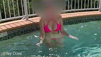 wife flashes her big tits poolside at hotel hey 😏