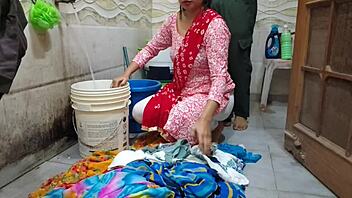 Bhabhi risks outdoor fuck in bathroom while washing clothes