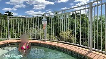 wife flashes her big tits poolside at hotel hey 😏