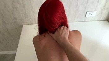 redhead girlfriend wakes for morning sex on table ending cum covered