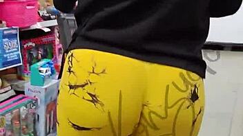curvy latina fat ass tanga shows through yellow leggings