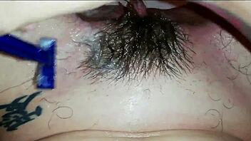 Shaving Extreme Hairy Big Clit Cunt Close Up