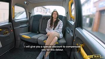 Shy brunette begs rough pussy fuck in fake taxi
