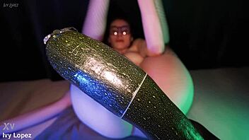 POV Brunette Teen Gapes Ass with Huge Zucchini Farts Hard