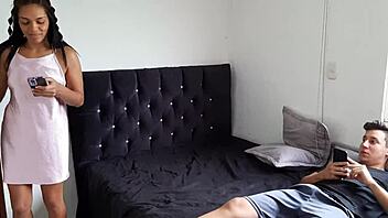 big tits latina catches me stroking in bedroom!