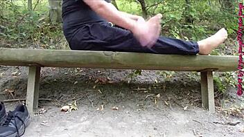 nylon feet lifted outdoor forest voyeur