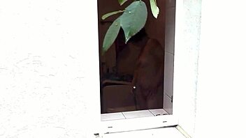 sexy wife showers outdoors as neighbor watches her wet pussy