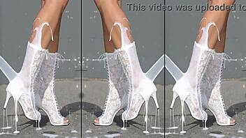 high heels boots dripping cum on concrete outdoors