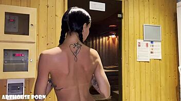 Petite Latina's oily footjob heats up sauna