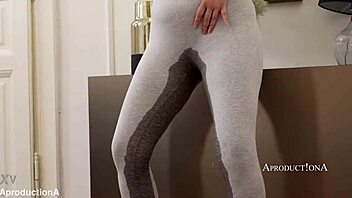 she passionately wets leggings soaking pussy in golden shower mouthful
