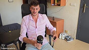 Skinny oiled bodybuilder goes crazy with massive toy