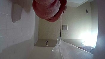 Chubby Brunette Pees Then Showers Saggy Tits and Hairy Pussy!