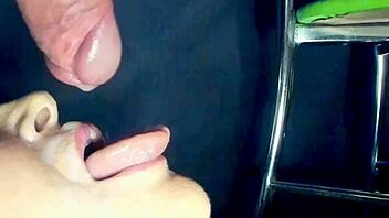 sensual milf gives close-up blowjob swallowing every drop