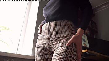 Naughty coworker teases with big pussy lips cameltoe at office