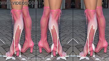 high heels boots dripping cum on concrete outdoors