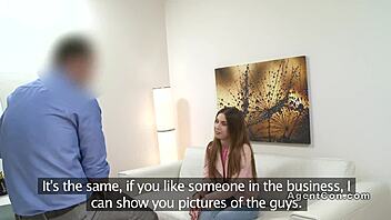 petite amateur babe deepthroats casting agent on office sofa