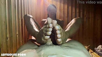 Petite Latina's oily footjob heats up sauna