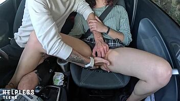 cute 18+ gets finger fucked hard by older guy in car