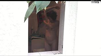 sexy wife showers outdoors as neighbor watches her wet pussy