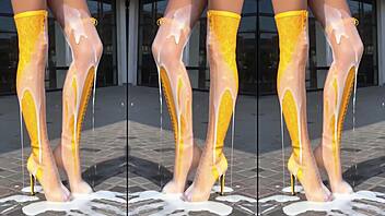 high heels boots dripping cum on concrete outdoors
