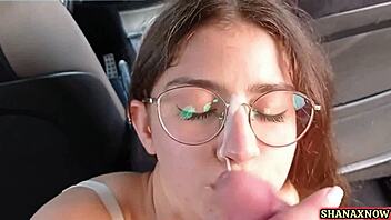 Brunette girlfriend bends over car for big cock blowjob doggystyle facial cumshot