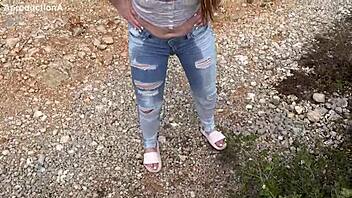 drinking pee and wetting jeans twice outside