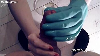 Milf wears plastic gloves for milking session