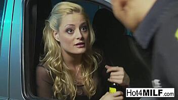 busty blonde in lingerie and stockings bribes the parking police