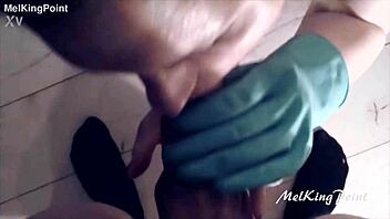 Milf wears plastic gloves for milking session