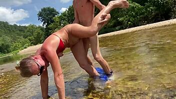19yo dripping creampie piss rinse on the river