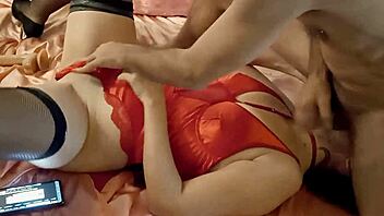 1243 01 - french amateur doggystyle fuck satin lingerie clothed sex blowjob rimjob - satin bodysuit spandex