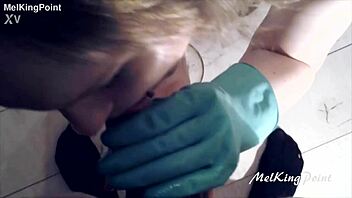 Milf wears plastic gloves for milking session