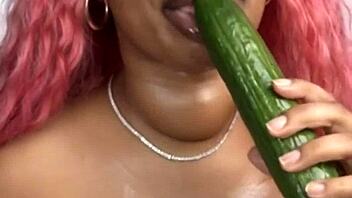 Cucumber play with big breast ebony beauty