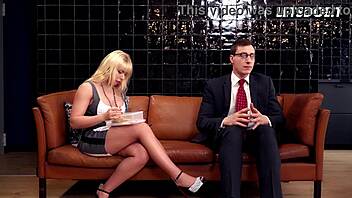 curvy blonde teases suited boss with sloppy cucumber blowjob
