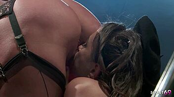 lesbian milf and teen kiss and lick in retro scene