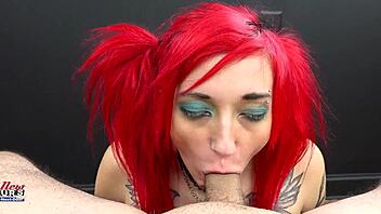 Petite inked redhead does sloppy rimjob