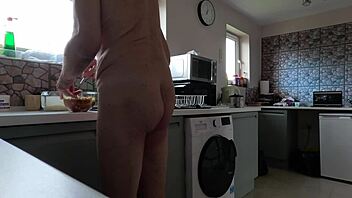 Naked in the kitchen preparing my food