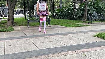 exhibitionist shemale prostitute in miniskirt gets assfucked hard with monster cock and toys