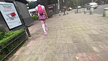 exhibitionist shemale prostitute in miniskirt gets assfucked hard with monster cock and toys