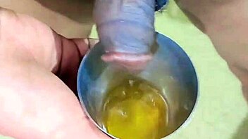 hairy feminine femboy drinks own piss from his small limp cock